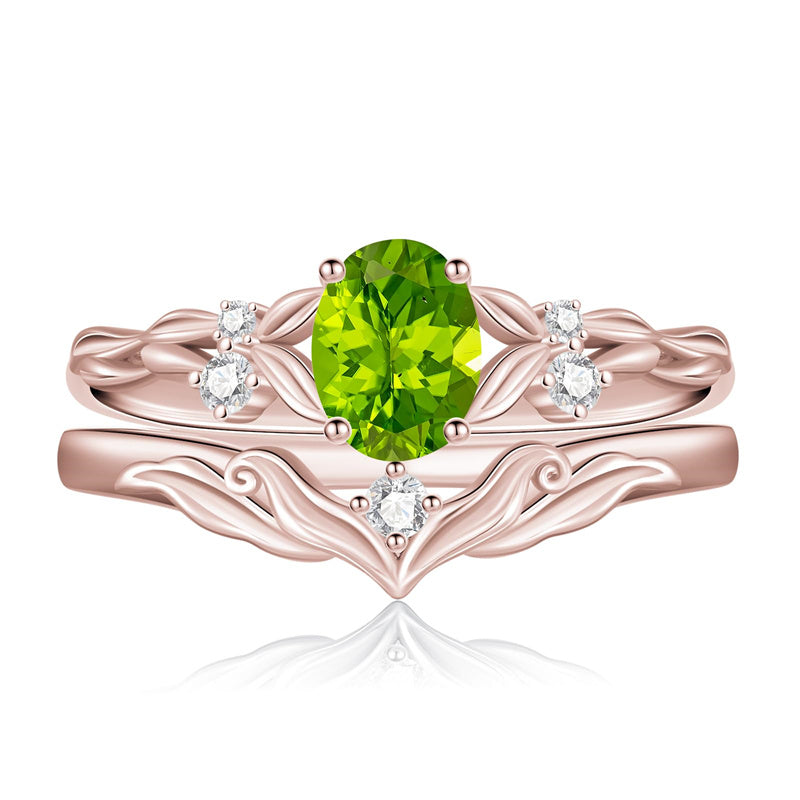 Sterling Silver 10K 14K 18K Gold  Oval Cut Unique Vine Gemstone Wedding Ring Set