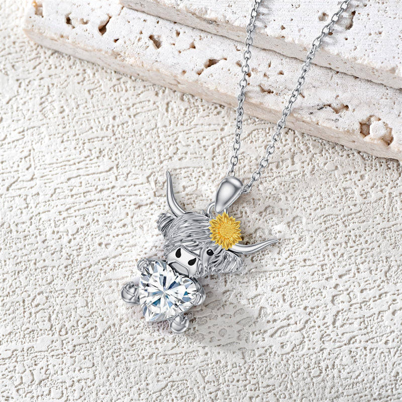 Sterling Silver Heart Birthstone Highland Cow Pendant Necklace