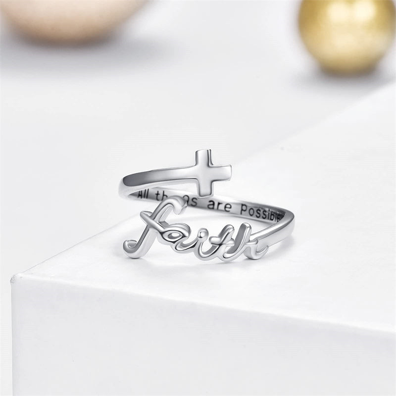 Sterling Silver Adjustable Cross Inspirational Ring With Engraved