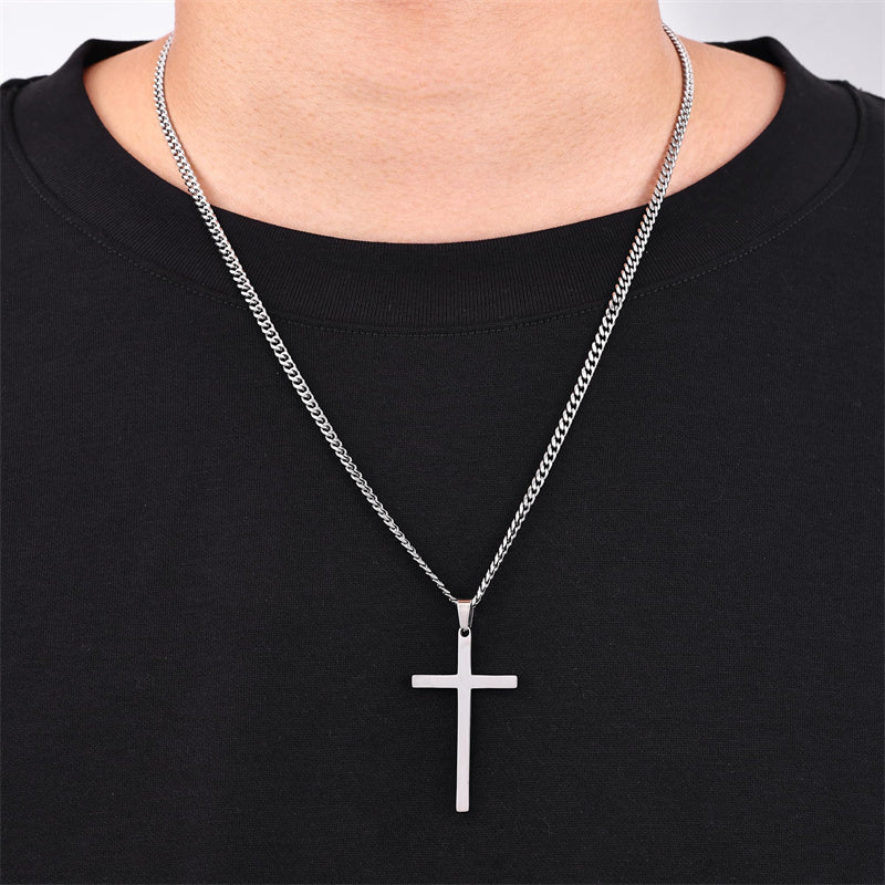 Sterling Silver Cross Pendant Necklace with 3.0mm Stainless Steel Cuban Chain