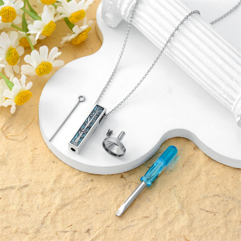 Sterling Silver 3D Bar Turquoise Tree of Life Urn Necklace for Ashes