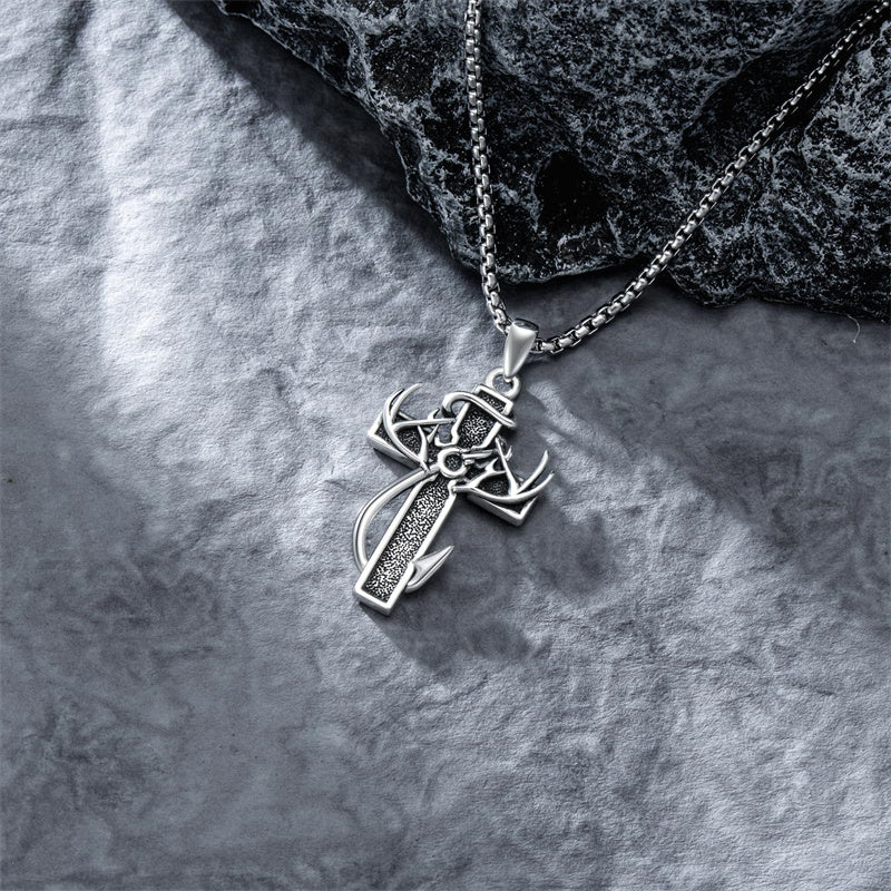 Sterling Silver Fish Hook Cross Pendant Necklace for Men