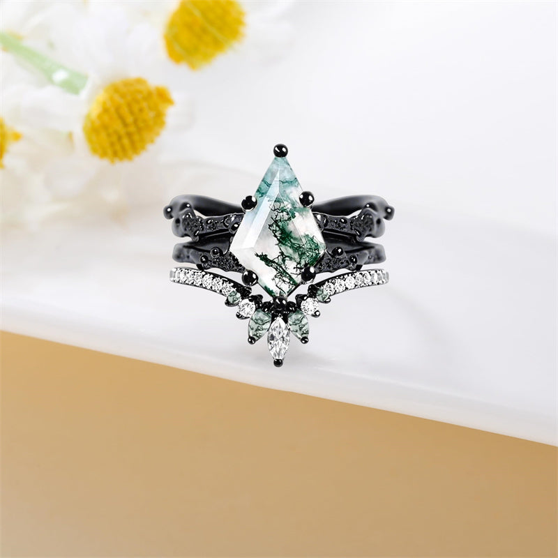 Sterling Silver Personalized Engraved  Kite Cut Moss Agate Engagement Wedding Ring Set for Women