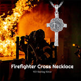 Sterling Silver Firefighter & Cross Pendant Necklace  for Men
