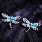 Sterling Silver Vintage Black Onyx Dragonfly Sunflower Spoon Ring and Turquoise Dragonfly Stud Earrings Set