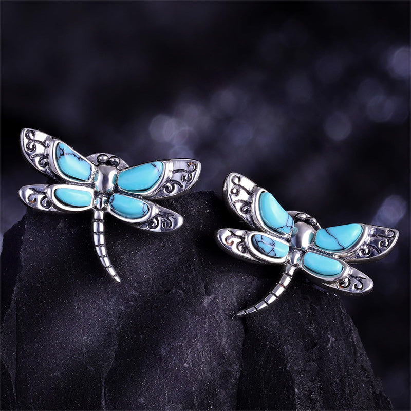 Sterling Silver Vintage Black Onyx Dragonfly Sunflower Spoon Ring and Turquoise Dragonfly Stud Earrings Set