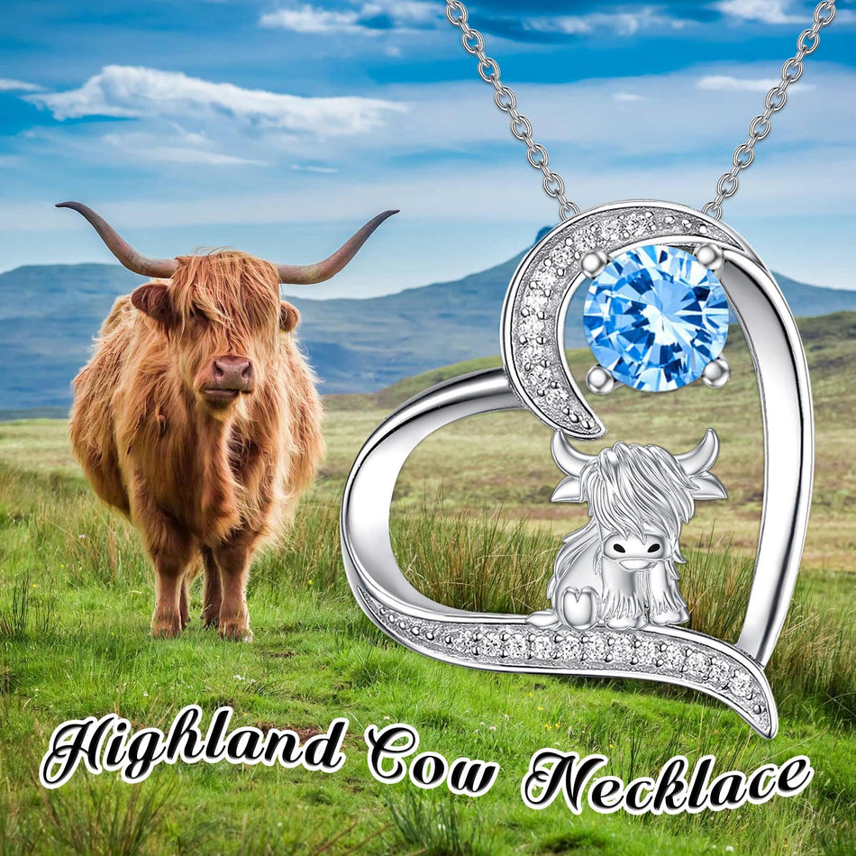 10K 14K 18K Gold Personalized Birthstone Highland Cow Pendent Necklace