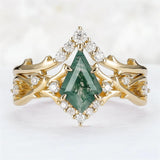 Sterling Silver 10K 14K 18K Gold  Personalized  Engraved Natural Moss Agate Engagement Bridal Wedding Ring Set