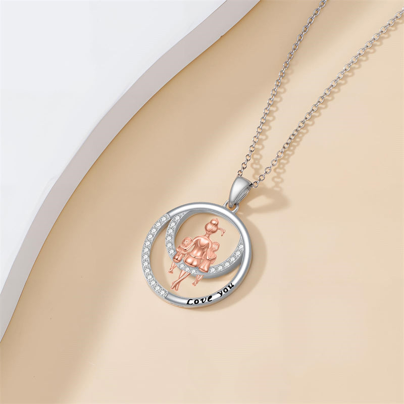 Sterling Silver Mother Daughter Pendant Necklace Engraved with Love You