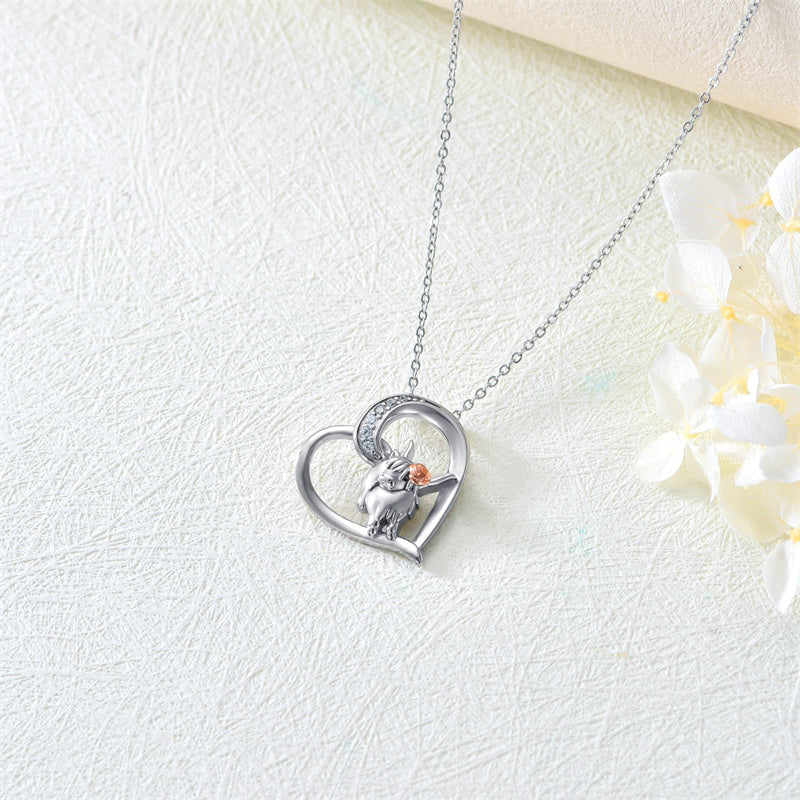 Sterling Silver Heart Highland Cow Pendant Necklace