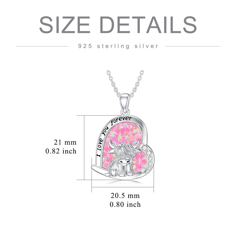 Sterling Silver White Shell Malachite Blue Opal  Abalone Shell Pink Opal Highland Cow Pendant Necklace