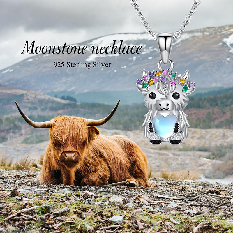 Sterling Silver  Moonstone Colored Cubic Zirconia Highland Cow Pendant Necklace