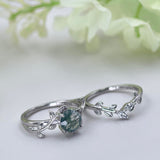 Sterling Silver Pear Kite Round Oval Cut Natural Moss Agate Leaf Engagement Wedding Promise Ring Set