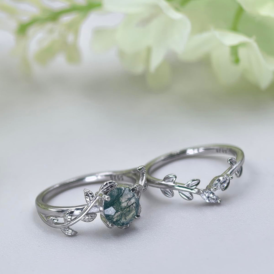 Sterling Silver Pear Kite Round Oval Cut Natural Moss Agate Leaf Engagement Wedding Promise Ring Set