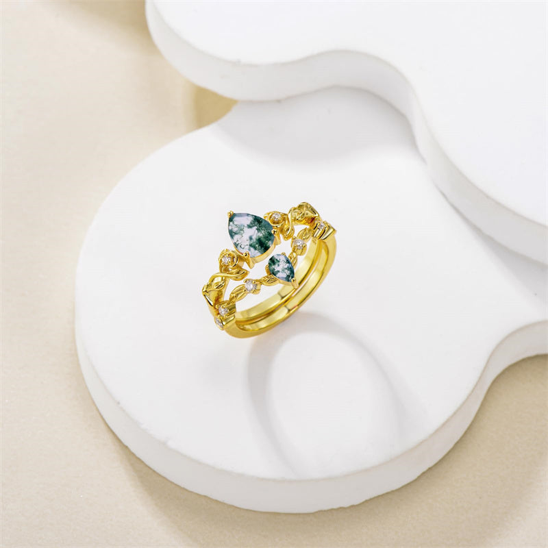 Sterling Silver 10K 14K 18K Gold Pear Cut Gemstone Leaf  Engagement Ring Set