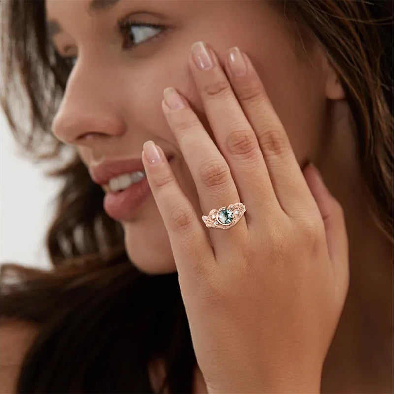 Sterling Silver Personalized  Engraved  Round Cut Moss Agate Engagement Wedding Ring Set for Women