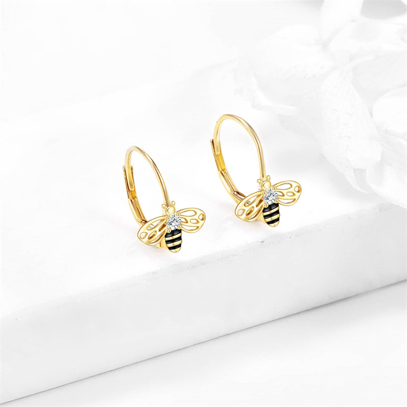 14K Yellow Gold Honey Bee Leverback Earrings