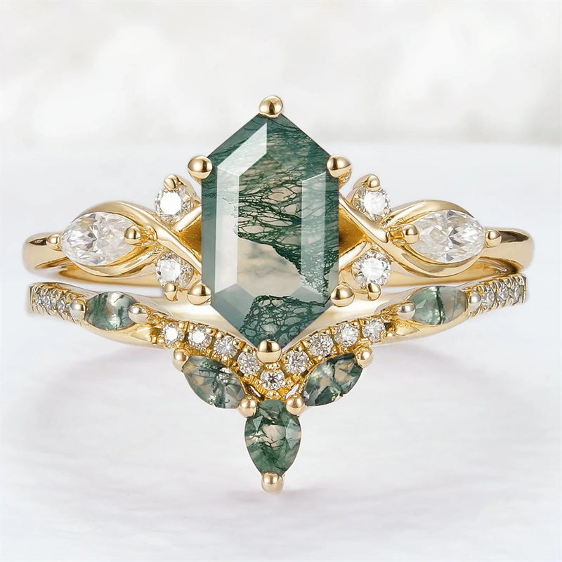 Sterling Silver 10K 14K 18K Gold  Personalized  Engraved Natural Moss Agate Engagement Bridal Wedding Ring Set