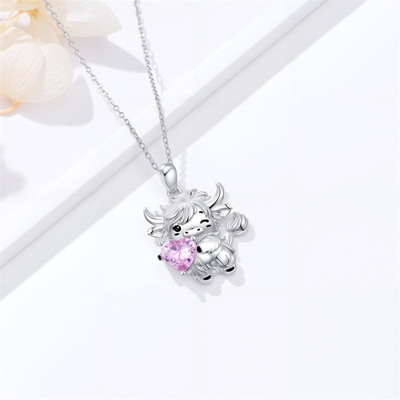 Sterling Silver Heart  Birthstone Highland Cow Pendant Necklace
