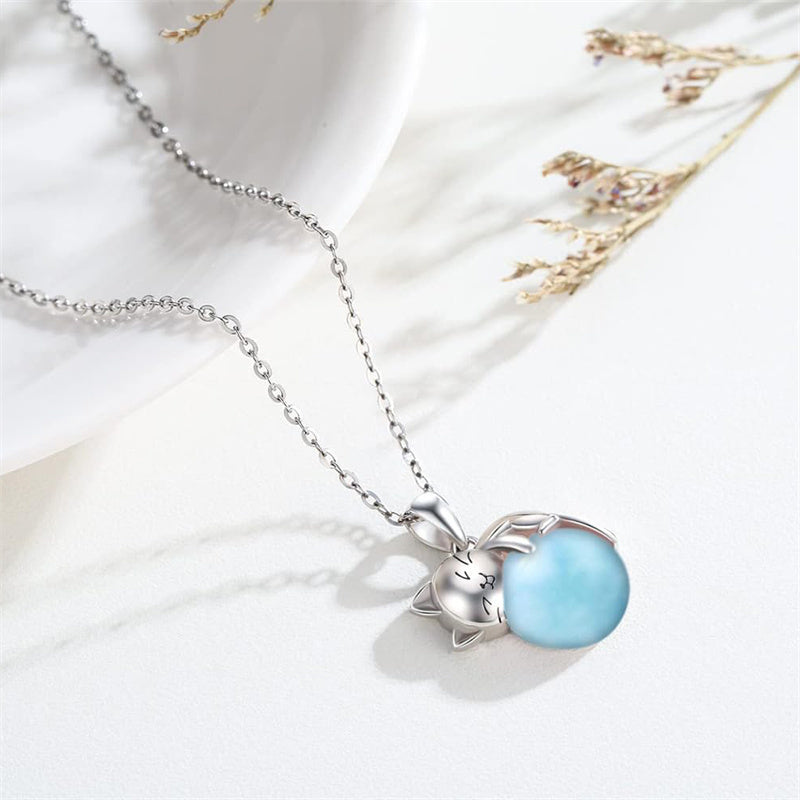 Sterling Silver Turquoise Larimar Labradorite Moss Agate Blue Sandstone  Cat Pendant Necklace