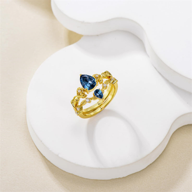 Sterling Silver 10K 14K 18K Gold Pear Cut Gemstone Leaf  Engagement Ring Set