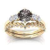 Sterling Silver 10K 14K 18K Personalized Engraved 2CT Natural Black Rutilated Quartz Engagement Ring Set