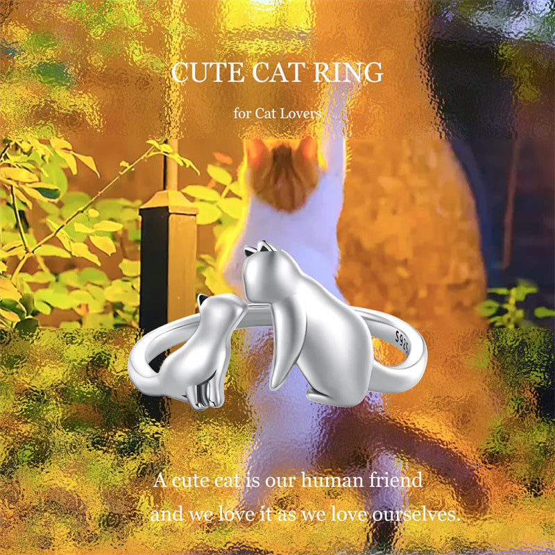 Sterling Silver Cute Cat Adjustable Ring for Women