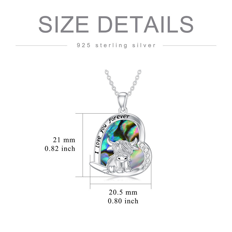 Sterling Silver White Shell Malachite Blue Opal  Abalone Shell Pink Opal Highland Cow Pendant Necklace