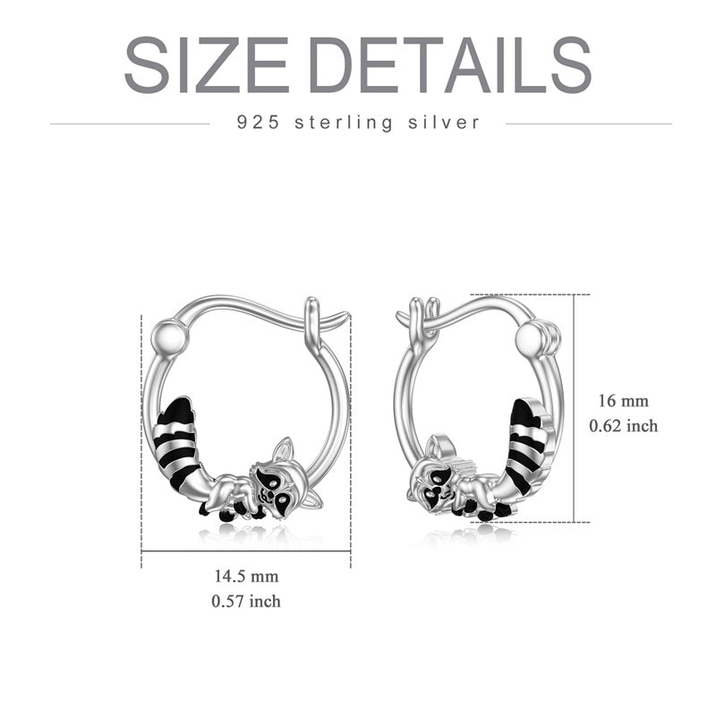 Sterling Silver Raccoon Cat Hoop Earrings
