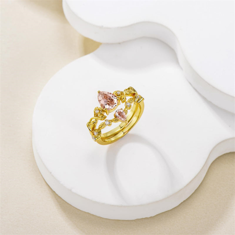 Sterling Silver 10K 14K 18K Gold Pear Cut Gemstone Leaf  Engagement Ring Set