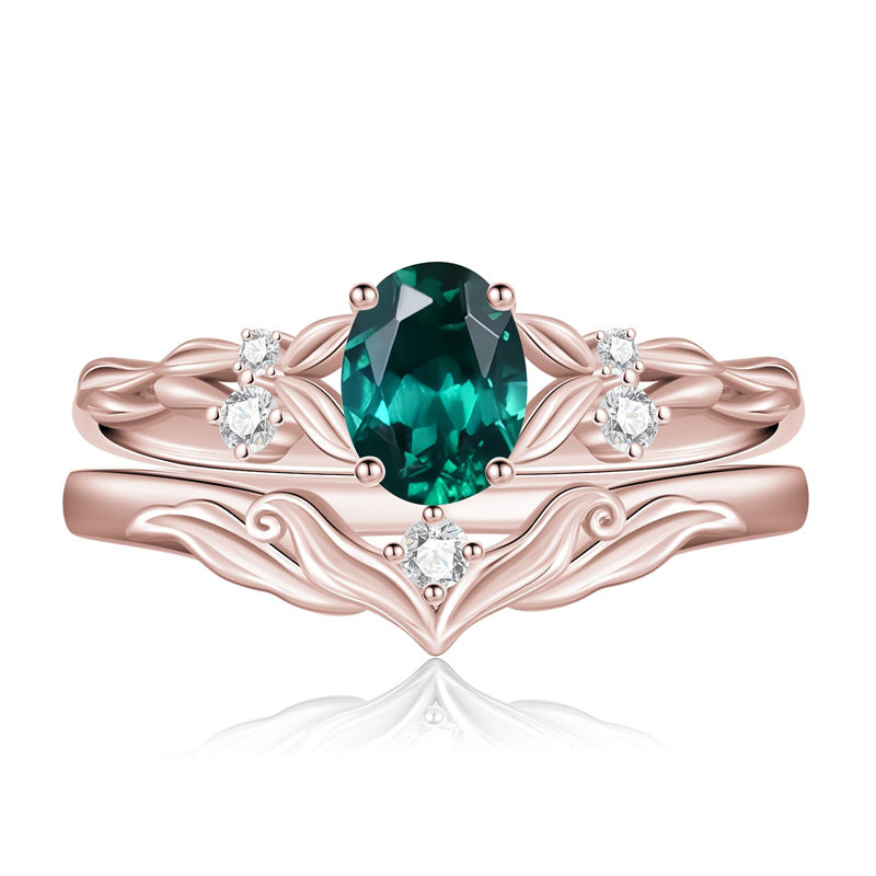 Sterling Silver 10K 14K 18K Gold  Oval Cut Unique Vine Gemstone Wedding Ring Set