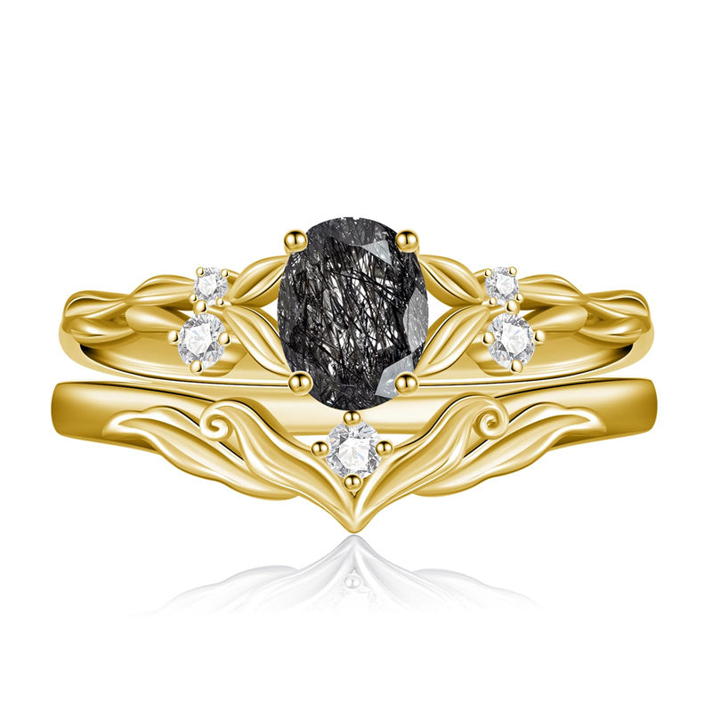 Sterling Silver 10K 14K 18K Gold  Oval Cut Unique Vine Gemstone Wedding Ring Set