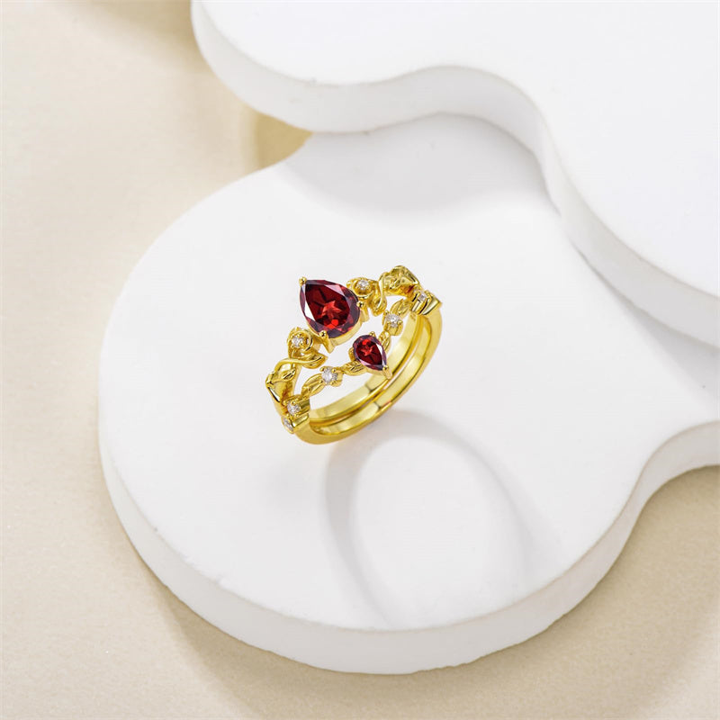 Sterling Silver 10K 14K 18K Gold Pear Cut Gemstone Leaf  Engagement Ring Set