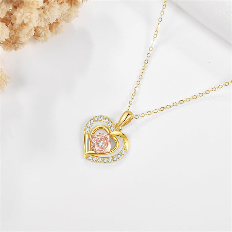 14K Yellow Gold Rose Heart Pendant Necklace