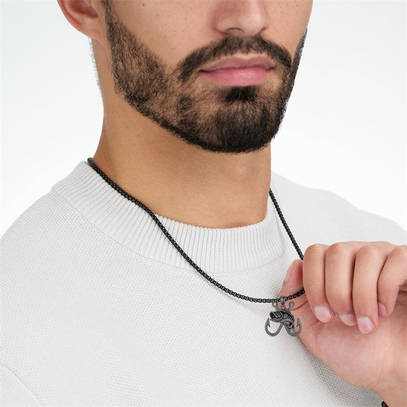 Sterling Silver Antler Fish Hook Pendant Necklace for Men