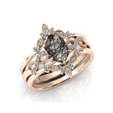 Sterling Silver 10K 14K 18K Personalized Engraved 2CT Natural Black Rutilated Quartz Engagement Ring Set