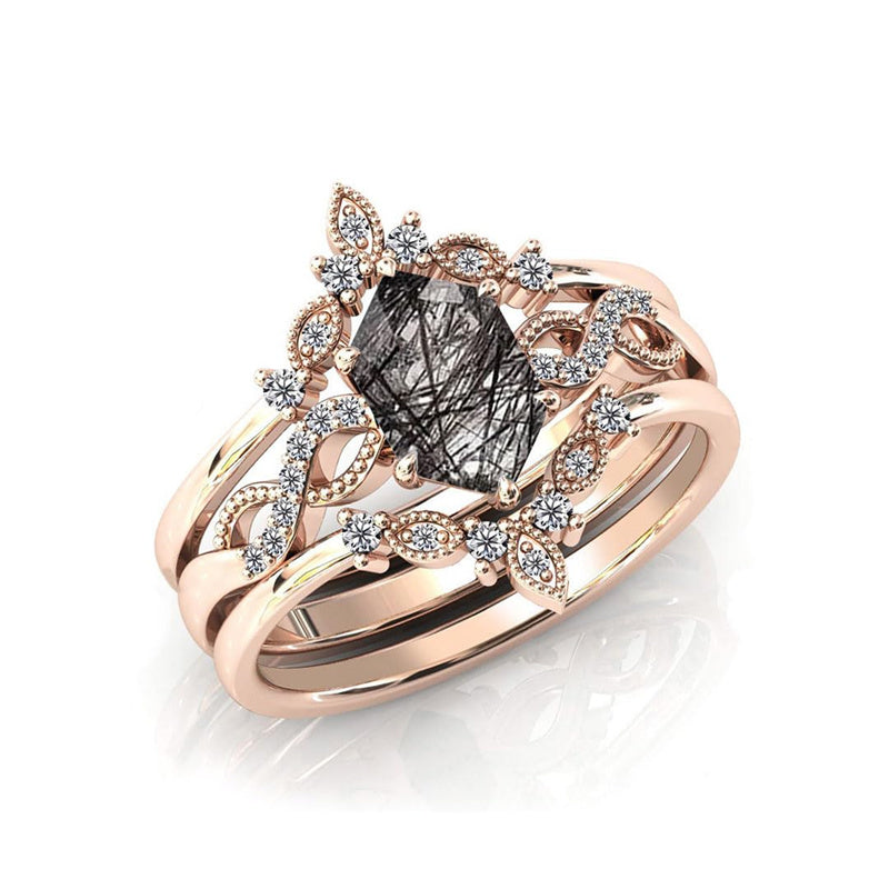 Sterling Silver 10K 14K 18K Personalized Engraved 2CT Natural Black Rutilated Quartz Engagement Ring Set