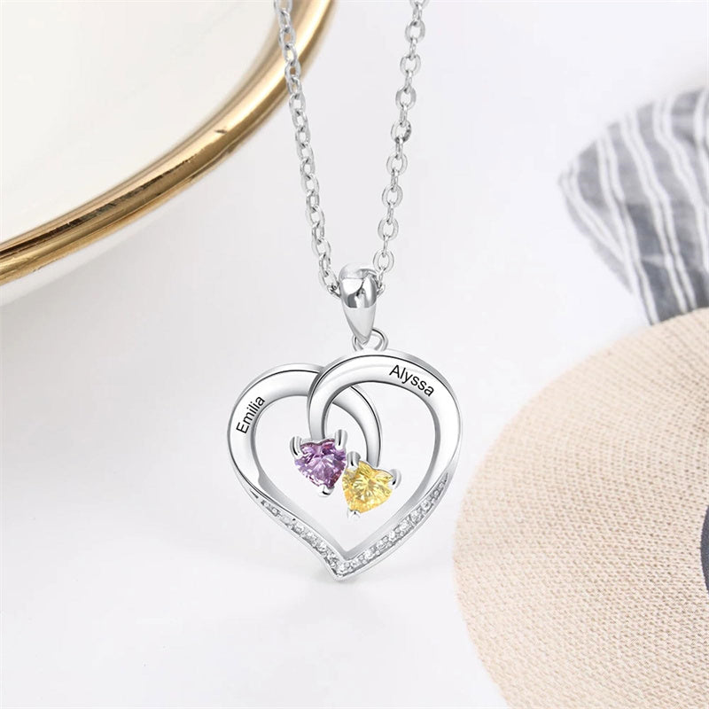 10K 14K 18K Gold Personalized 2 Birthstone Heart Pendant Necklace