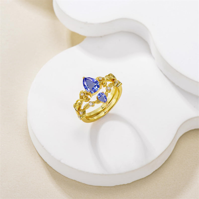 Sterling Silver 10K 14K 18K Gold Pear Cut Gemstone Leaf  Engagement Ring Set