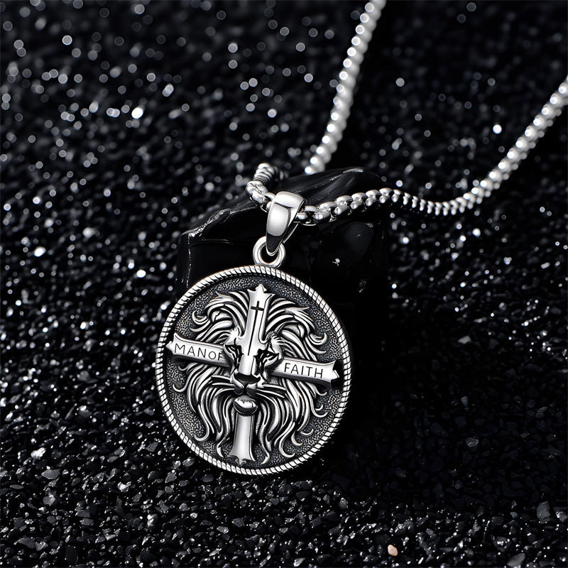 Sterling Silver Faith Bible Lion Pendant Necklace for Men