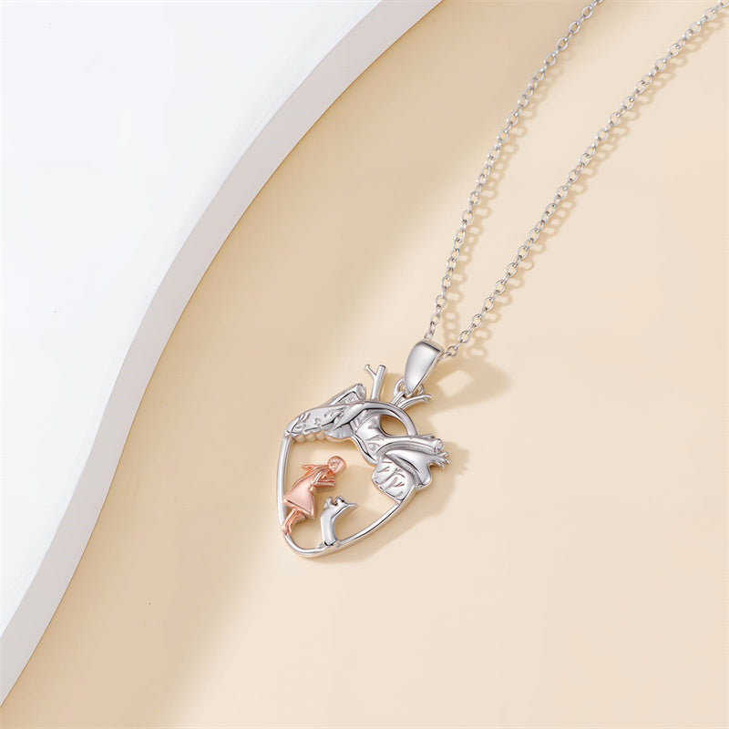 Sterling Silver Anatomical Heart Girl withr Dog Cat Pendant Necklace