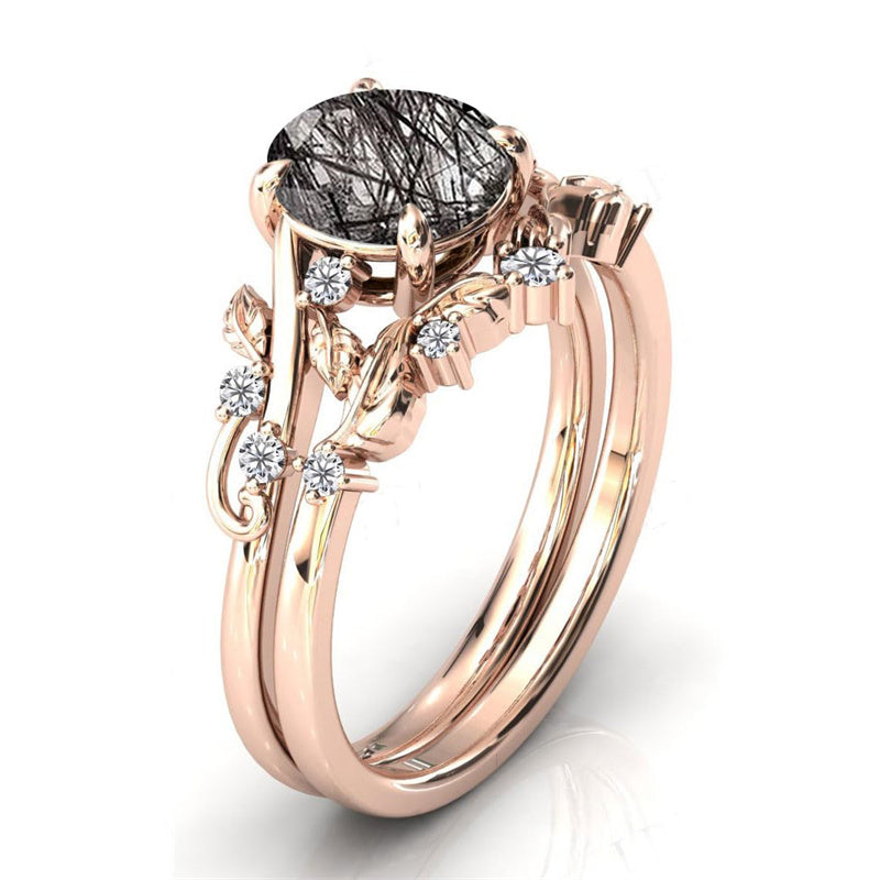 Sterling Silver 10K 14K 18K Personalized Engraved 2CT Natural Black Rutilated Quartz Engagement Ring Set