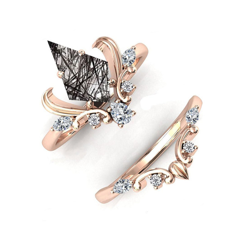 Sterling Silver 10K 14K 18K Personalized Engraved 2CT Natural Black Rutilated Quartz Engagement Ring Set