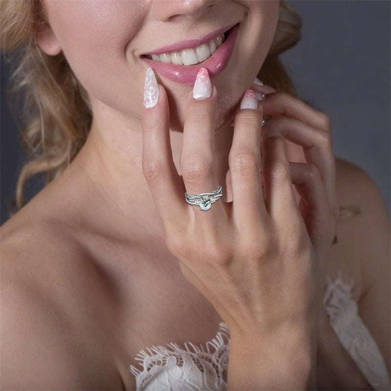 Sterling Silver Oval Round Natural Moss Agate Couples Promise Wedding Ring Set