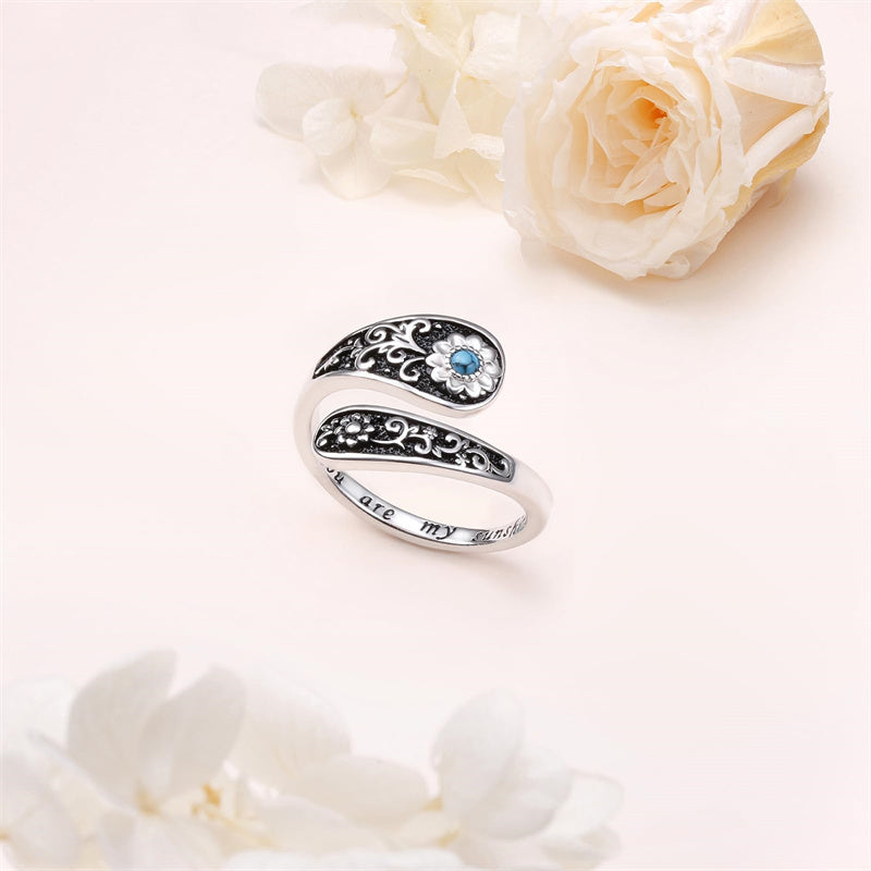 Sterling Silver Vintage Turquoise Sunflower Adjustable Spoon Ring Engraved with You Are My Sunshine