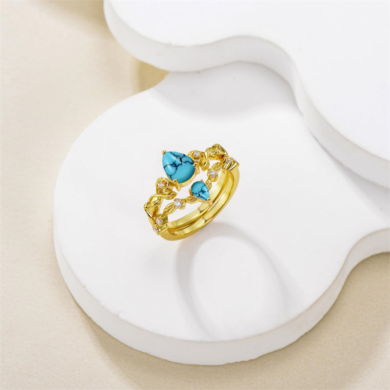 Sterling Silver 10K 14K 18K Gold Pear Cut Gemstone Leaf  Engagement Ring Set