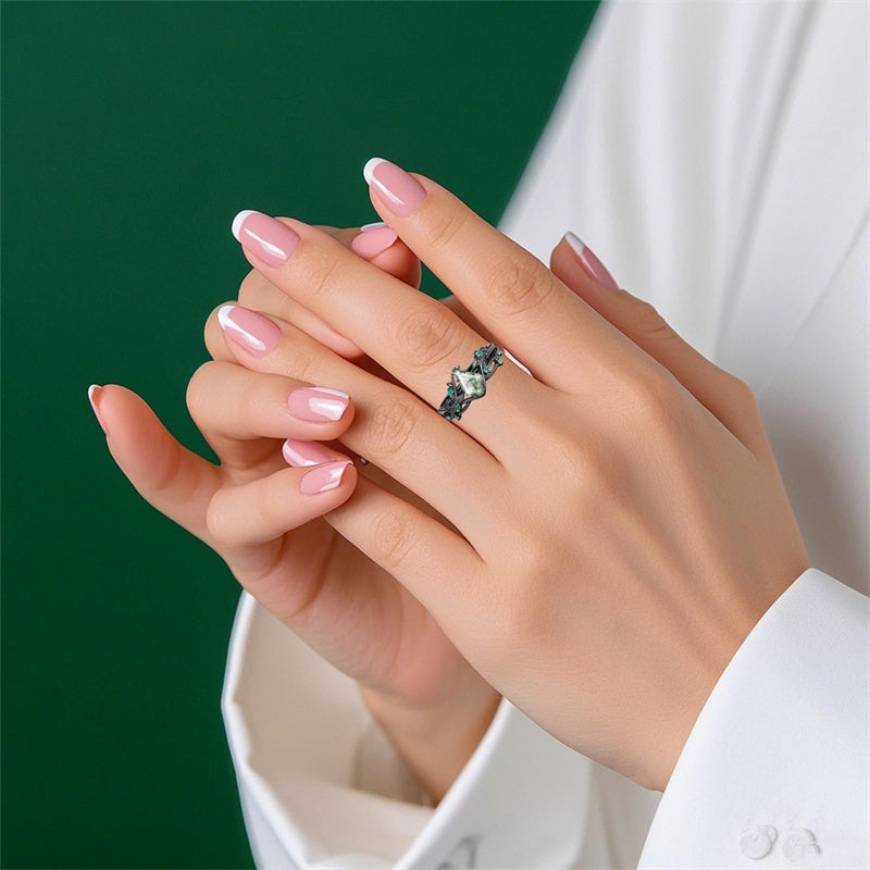 Sterling Silver 10K 14K 18K Gold  Personalized  Engraved Pear Kite Round Cut Moss Agate Engagement Ring Set