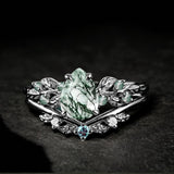 Sterling Silver Pear Natural Moss Agate Engagement Ring Set Wedding Ring