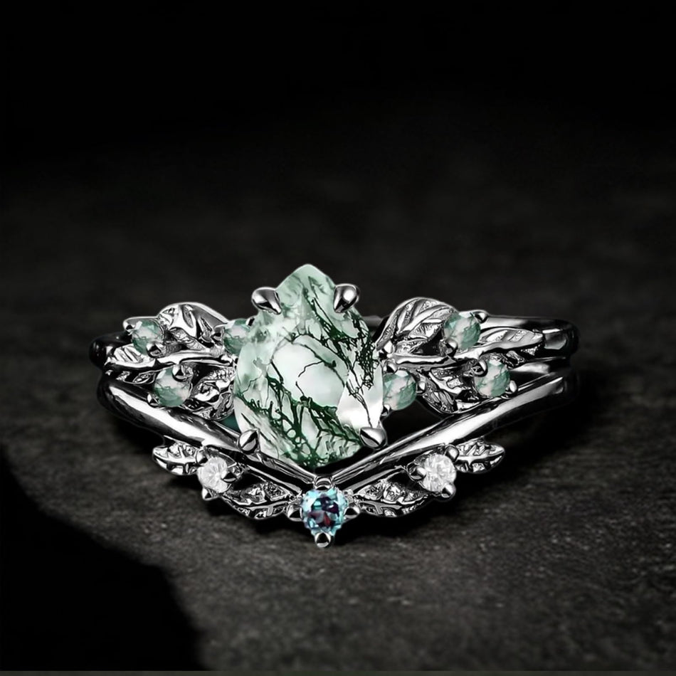 Sterling Silver Pear Natural Moss Agate Engagement Ring Set Wedding Ring