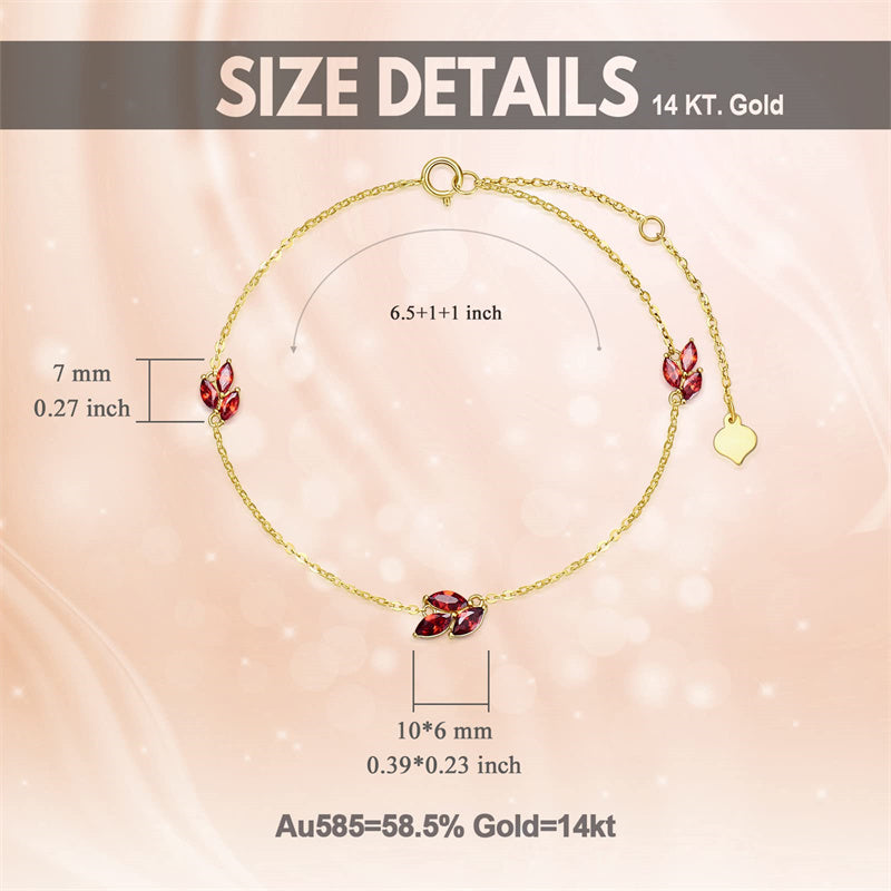 14K Gold Garnet Leaf Red Bracelet